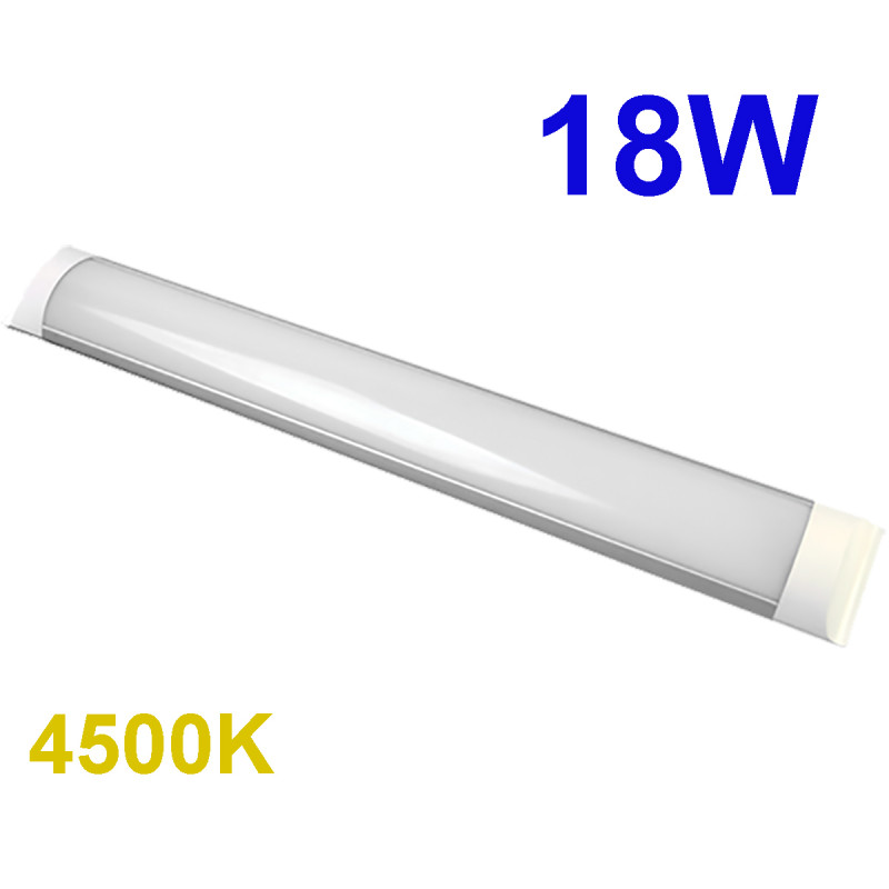 Regleta LED T8 plana, 18W 1.620 lm 4.500K, 110º de apertura. IP44. 2.5x7.5x60 cm.