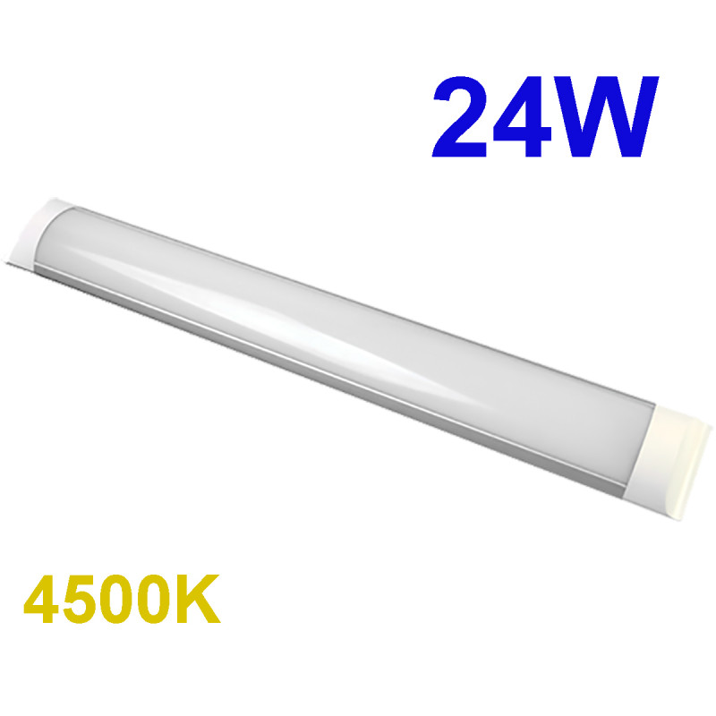 Regleta LED T8 plana, 24W 2.160 lm 4.500K, 110º de apertura. IP44. 2.5x7.5x90 cm.