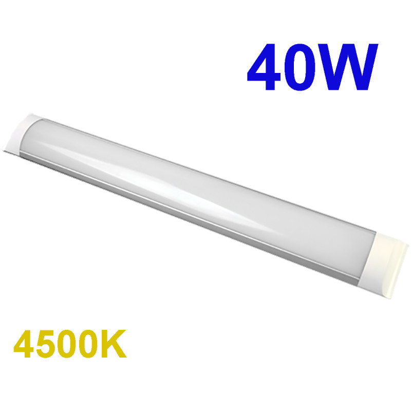 Regleta LED T8 plana, 40W 3.600 lm 4.500K, 110º de apertura. IP44. 2.5x7.5x120 cm.
