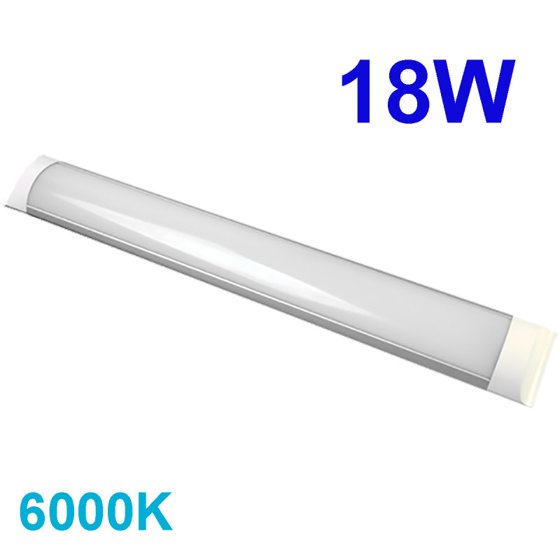 Regleta LED T8 plana, 18W 1.620 lm 6.000K, 110º de apertura. IP44. 2.5x7.5x60 cm.