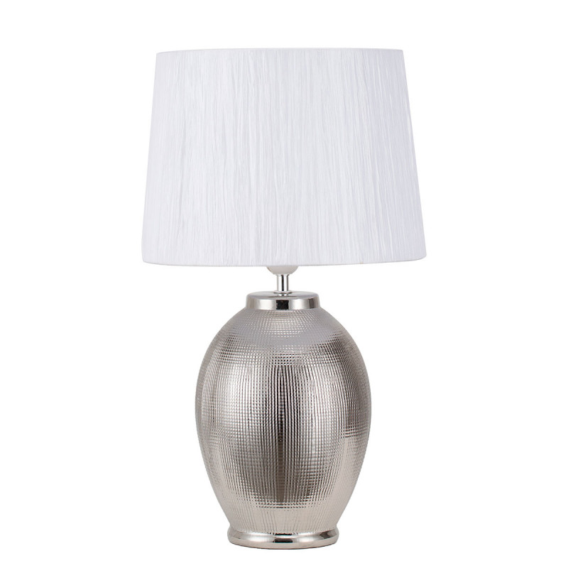 Lámpara de Sobremesa moderno, Serie Saima, de cerámica tallada de acabado en Plata Brillo, 1 luz E27, con pantalla plisada