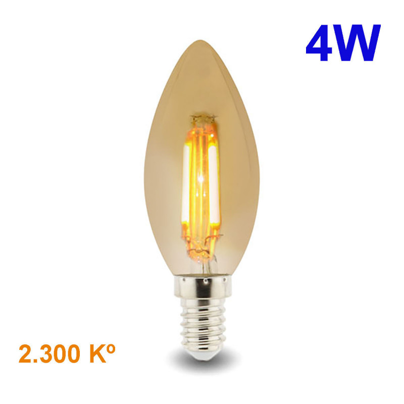 Bombilla LED C35 E14 de Filamentos, de cristal ámbar, 4W 350 lúmenes 2.300 Kº, 360º de apertura.