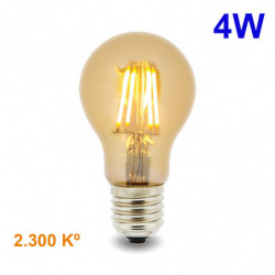 Bombilla LED Estándar A60 E27 de Filamentos, de cristal ámbar, 4W 350 lúmenes 2.300 Kº, 360º de apertura.
