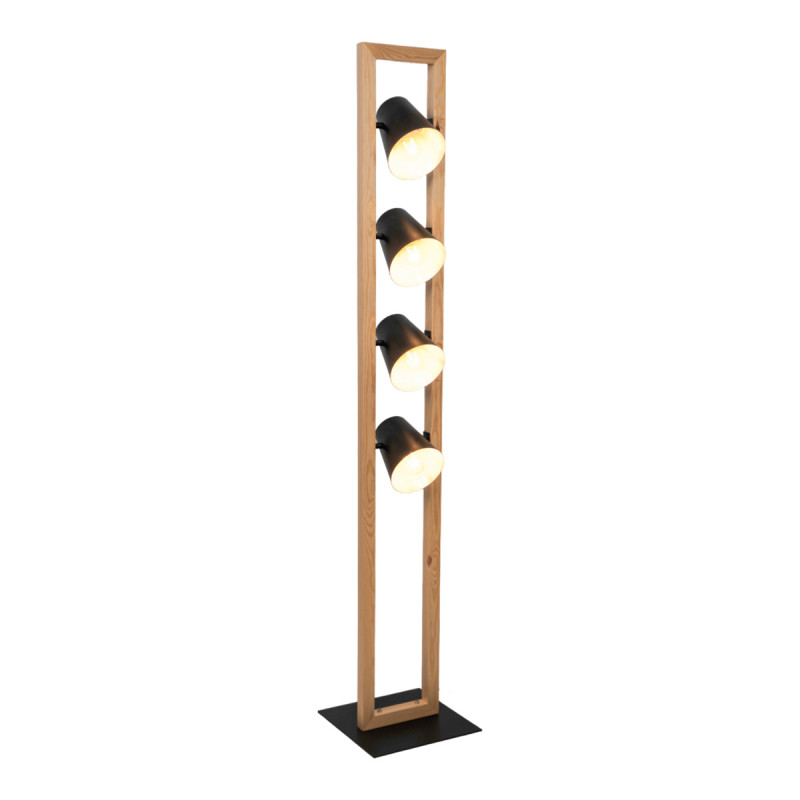 Lámpara Pie de Salón moderno, Serie Focus, estructura metálica en acabado negro y símil madera, 4 luces