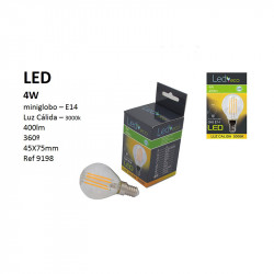 Bombilla LED esférica Filamentos E14, 4W 400 lúmenes 3.000 ºK, 360º de apertura. Aluminio y cristal.