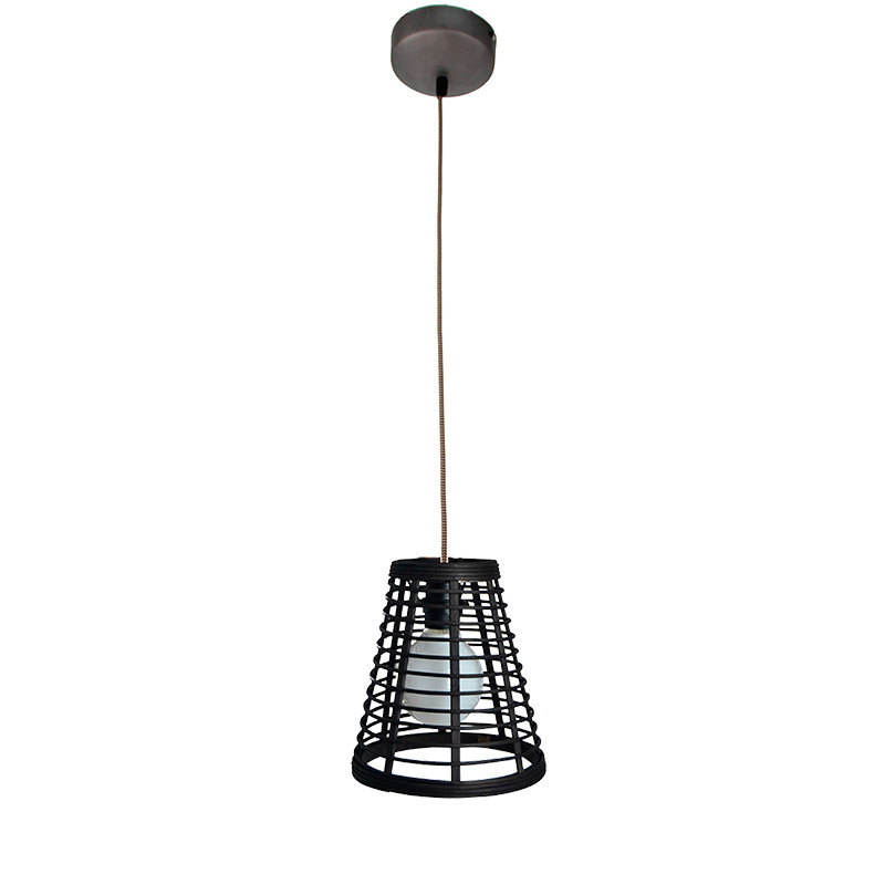 Lámpara de techo colgante, Serie Lombok Cono, armazón metálico en acabado negro, cable textil, 1 luz, con pantalla Ø 21 cm.