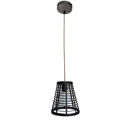 Lámpara de techo colgante, Serie Lombok Cono, armazón metálico en acabado negro, cable textil, 1 luz, con pantalla Ø 21 cm.