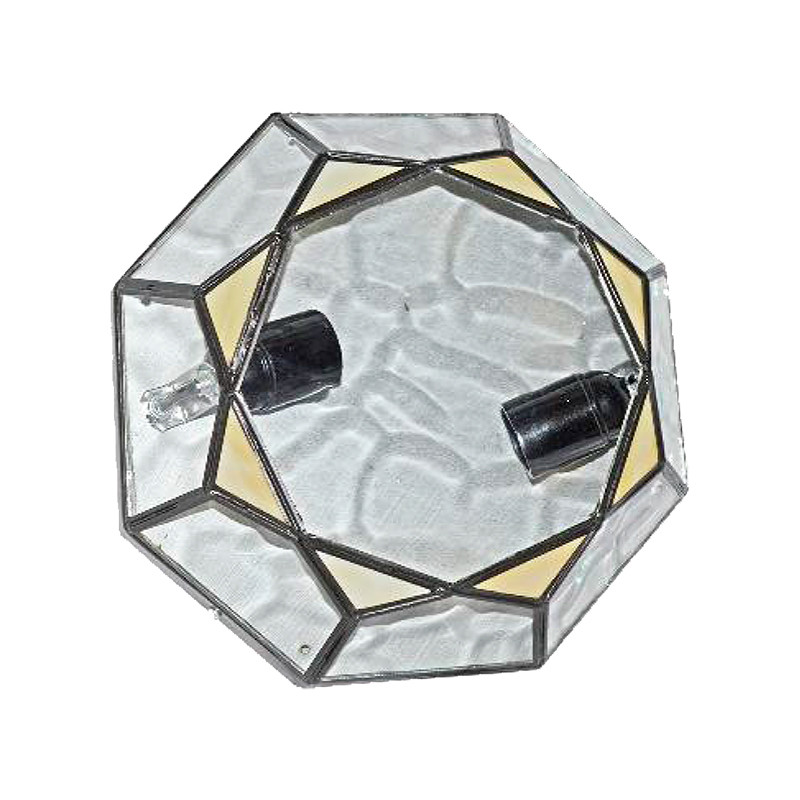Plafón granadino, armazón metálico en acabado negro, 2 luces, con difusor de cristal opalina y gótico, Ø 22cm.