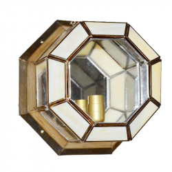 Lámpara de techo plafón granadino, armazón metálico en acabado dorado, 1 luz, con cristal transparente y opalina, Ø 20 cm.