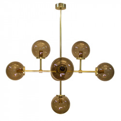 Lámpara de techo, armazón metálico en acabado dorado, 7 luces, con difusores en bola Ø 14 cm, en vidrio soplado acabado fumé.